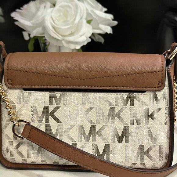 Michael Kors MK Logo Crossbody Bag Vanilla Brown Leather Trim Gold Chain - Picture 3 of 6
